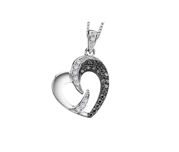 PENDENTIF COEUR EN OR BLANC SERTI DE DIAMANTS BLANCS ET NOIRS